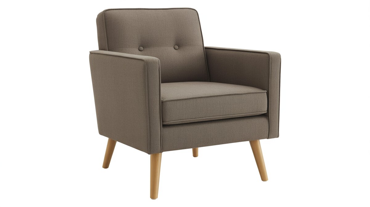 Gray mid-century Lawson chair tufted with natural wood legs