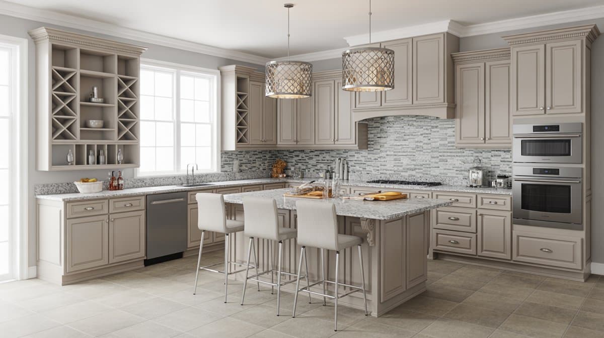 Pale silver raised-panel cabinets with gray mosaic tile backsplash, drum pendants, granite island, and ceramic tile floors.