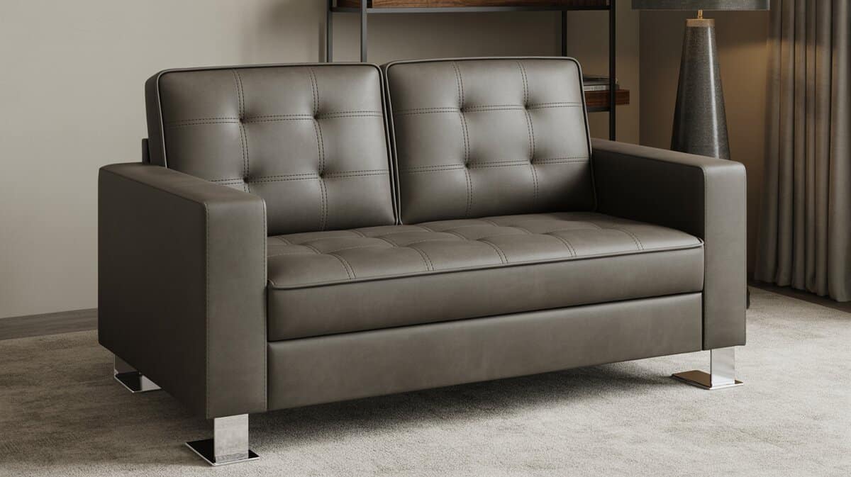 Gray tufted leather convertible sleeper chair with chrome legs