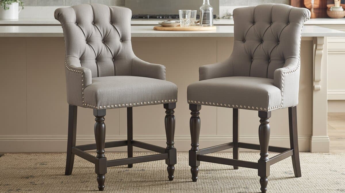 Gray tufted upholstered bar stools with camelback and dark legs