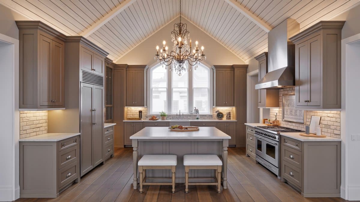 Warm taupe-glazed raised-panel cabinets under a vaulted shiplap ceiling with a crystal chandelier and island benches.