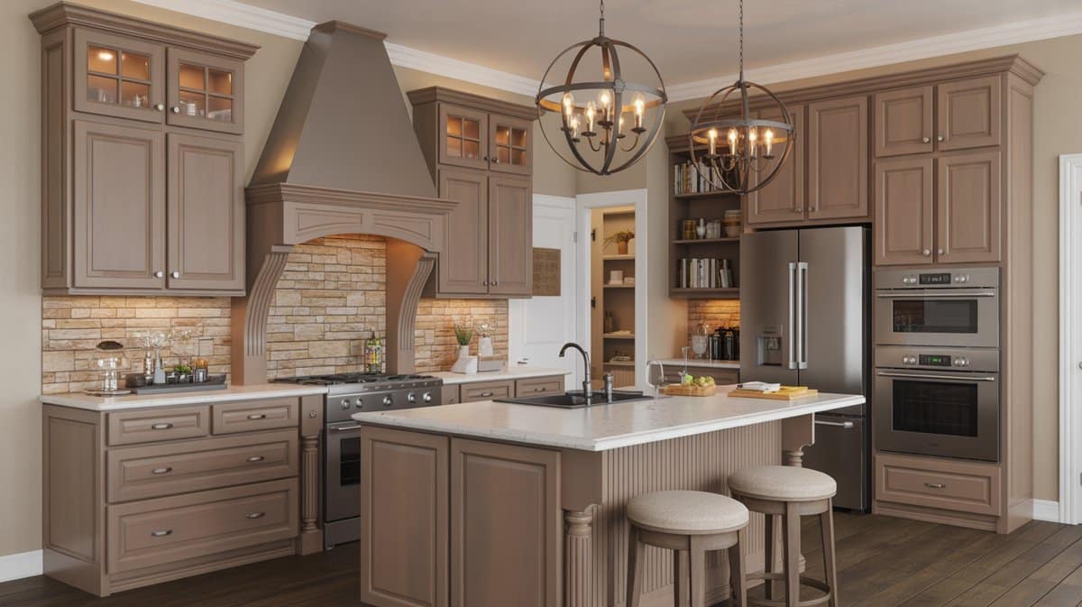 Warm greige raised-panel cabinets with a marble island, twin orb chandeliers, and stone tile backsplash.