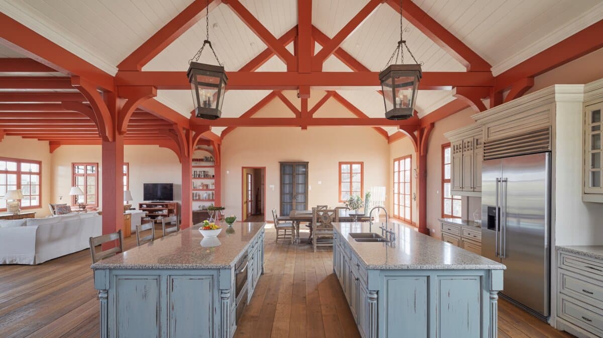 Hacienda kitchen with vaulted ceiling, bold red-orange timber trusses, two distressed blue island peninsulas