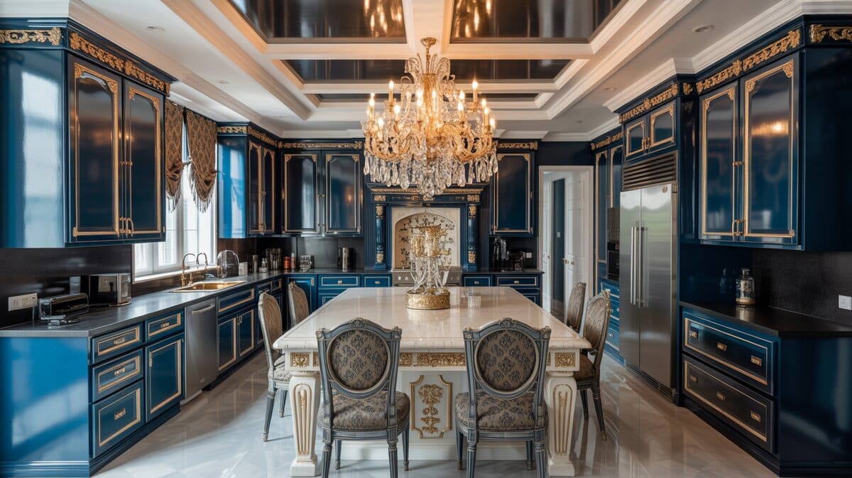 Hollywood Regency interior design kitchen with navy blue and gold cabinets, crystal chandelier, and marble floor