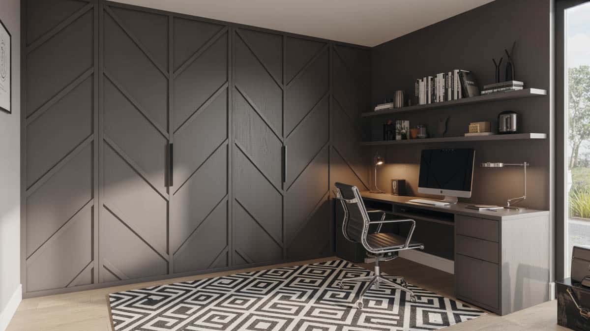 Home office with black chevron-patterned geometric accent wall and bold graphic black and white area rug