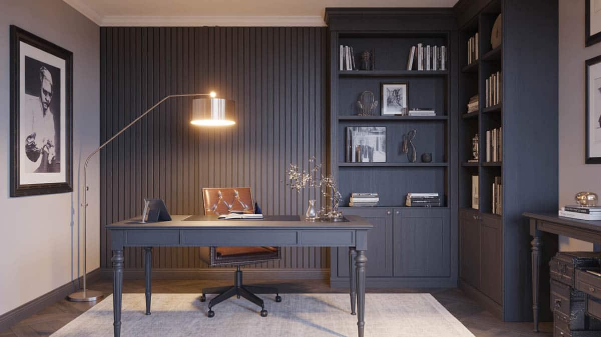 Sophisticated home office with matte black wood-paneled accent wall, leather desk chair, and arched floor lamp