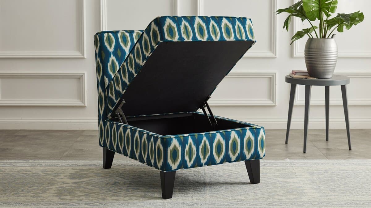 Ikat print storage chair with open lid and hidden compartment