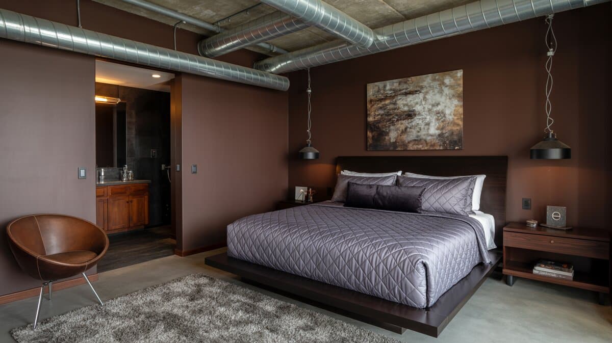 Industrial interior design bedroom with exposed ductwork, brown walls, platform bed, and pendant lights