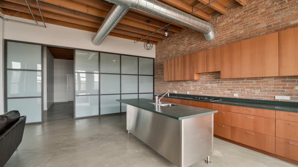 Industrial interior design loft kitchen with exposed brick, metal ducts, wood cabinets, and concrete floor
