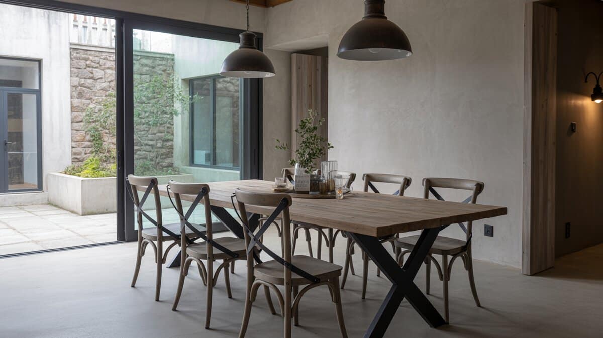 Industrial X-back metal side chairs in concrete dining room