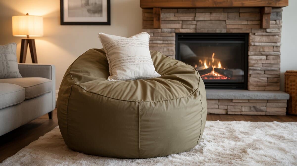 Large olive khaki bean bag chair in room with stone fireplace
