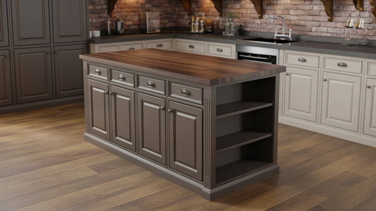 Mocha raised-panel island with butcher block top, white perimeter cabinets, and exposed red brick background.