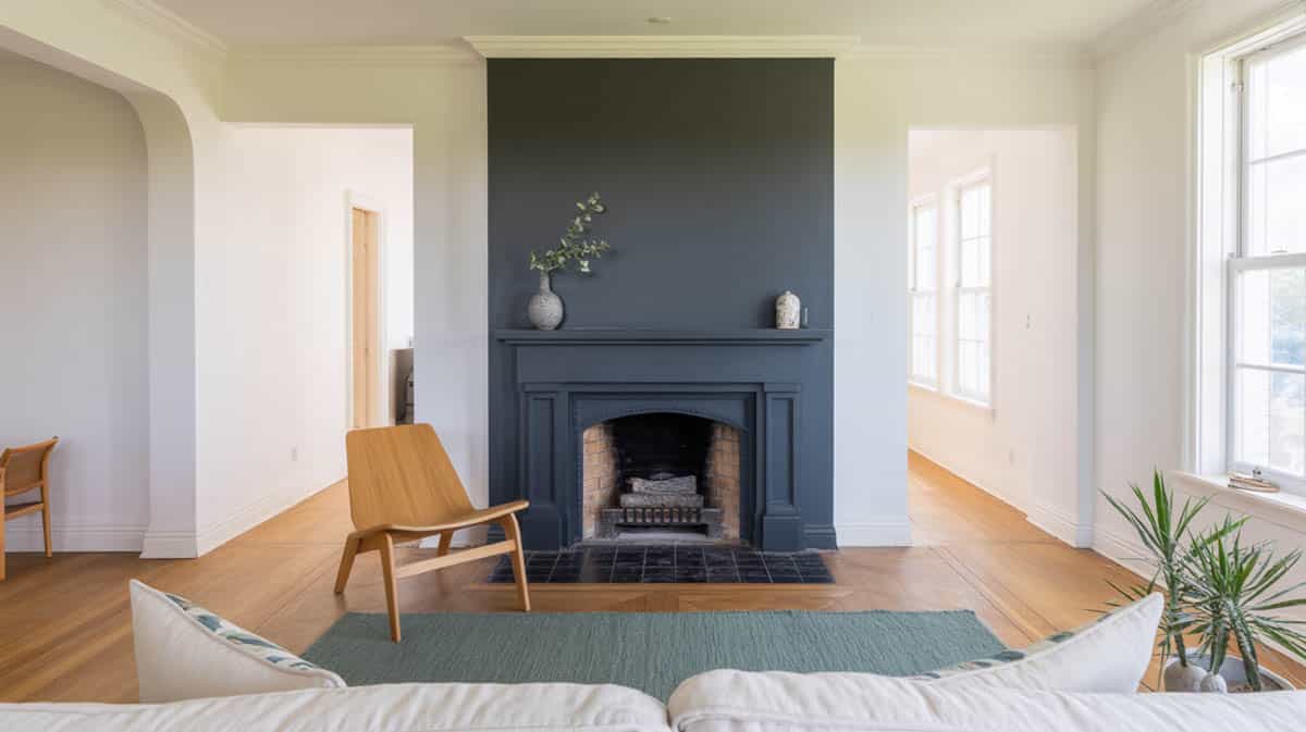 Bright living room with black painted fireplace surround focal point, wooden lounge chair, and sea green rug