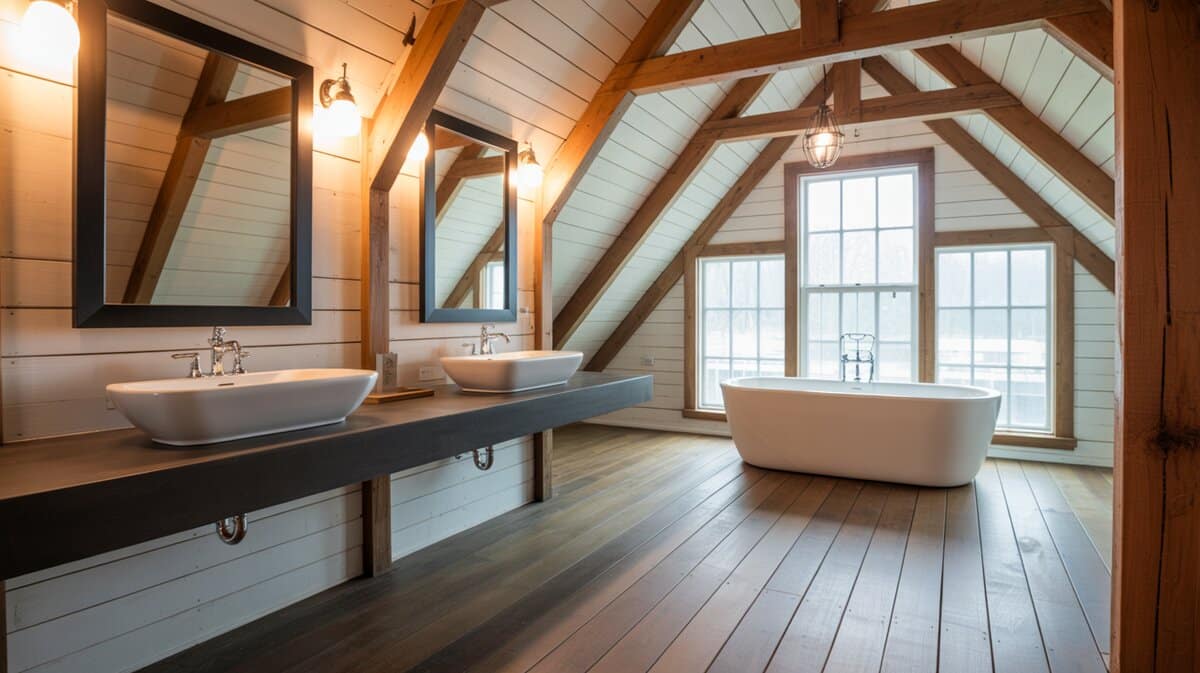 Loft-style bathroom with whitewashed shiplap ceiling, exposed beams, and dual vessel sinks