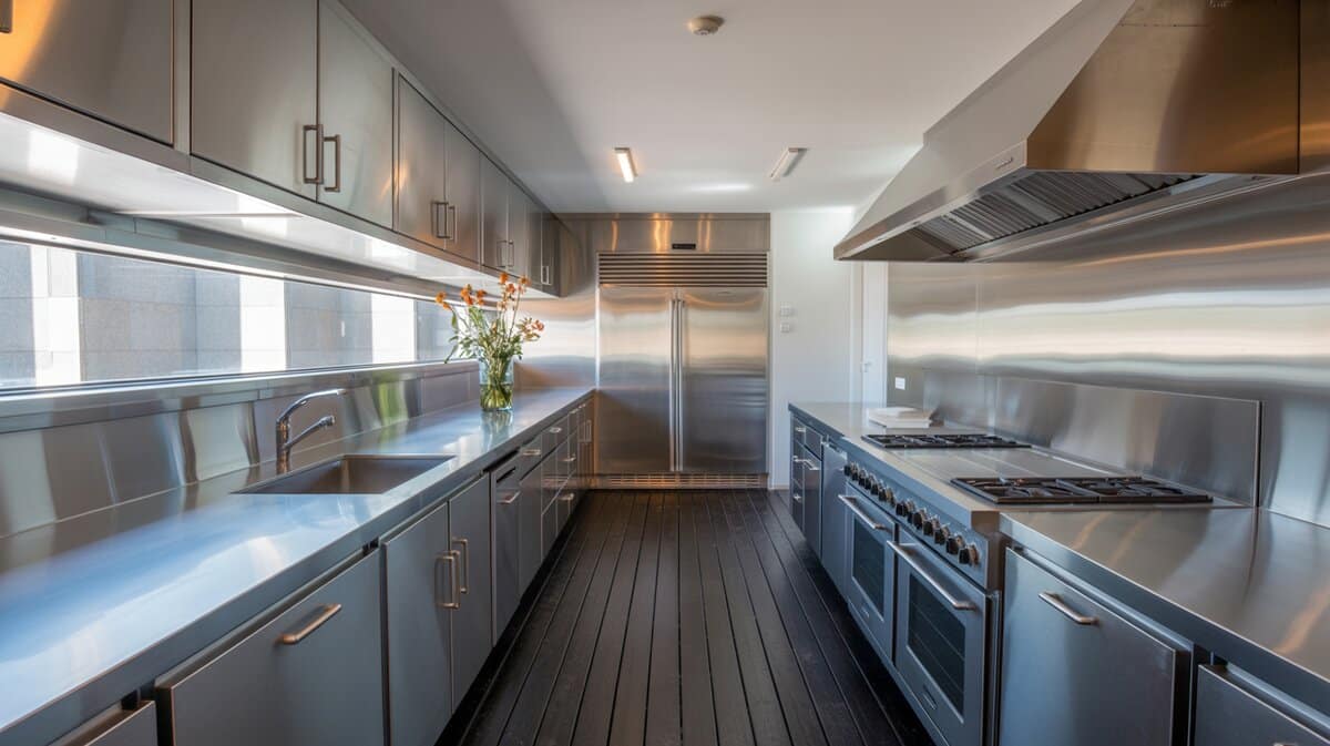 Luxury all-stainless steel galley kitchen with matching countertops and black hardwood floors