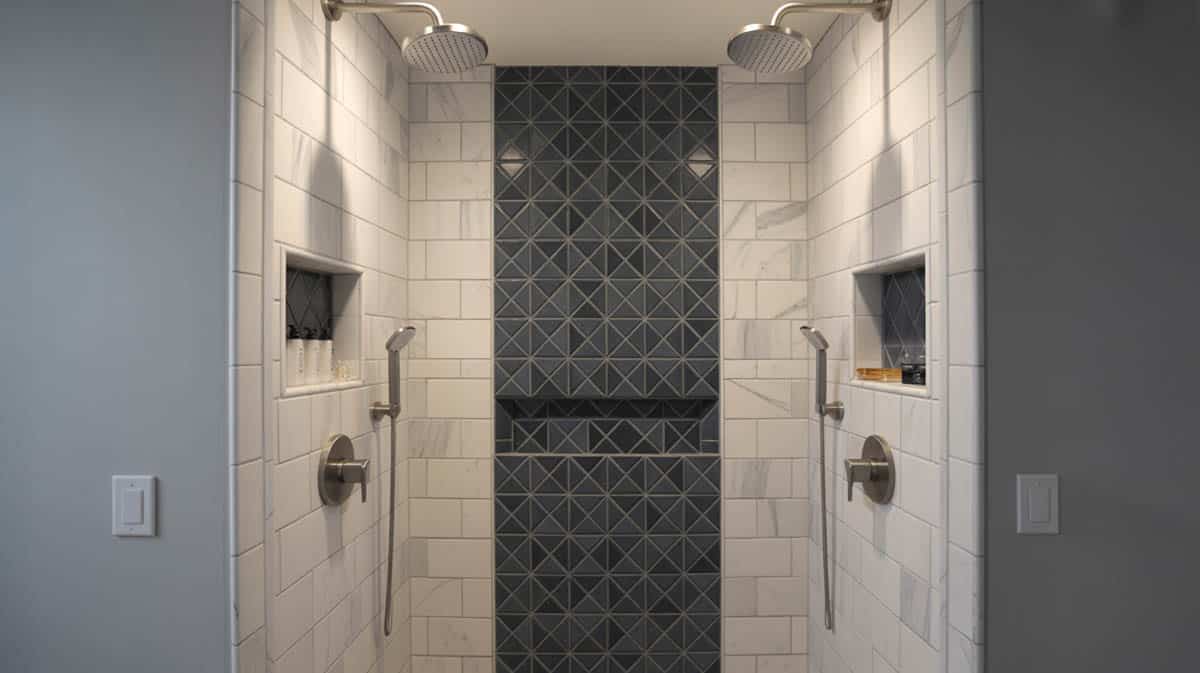 Luxury master bathroom with black geometric tile shower wall, honed Bianco Carrara marble, and dual rainfall shower heads