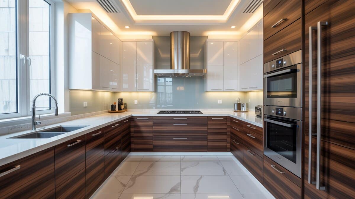 Luxury galley kitchen with dark ebony base cabinets white gloss upper cabinets and floor-to-ceiling windows