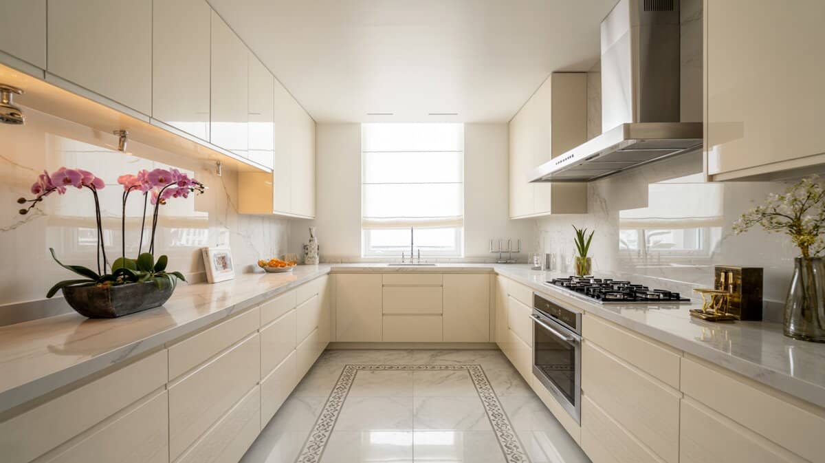 Luxury modern galley kitchen with white high-gloss handleless cabinets polished marble countertops and orchid decor