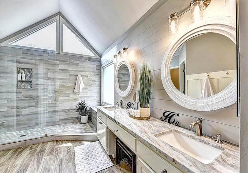 Master bathroom with griege shiplap wall large wood porcelain tile shower
