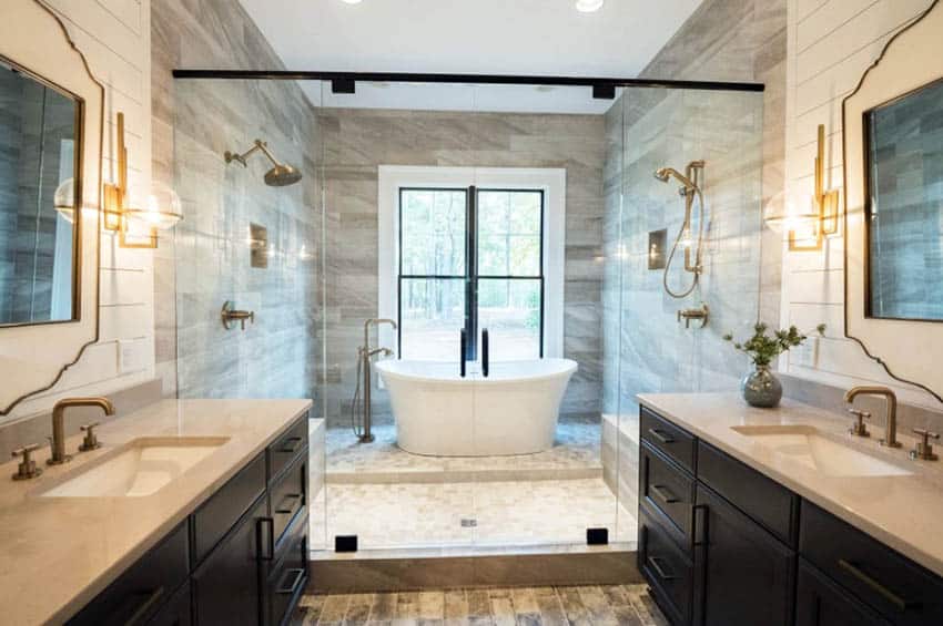 Master bathroom with shiplap above vanity and wood tile