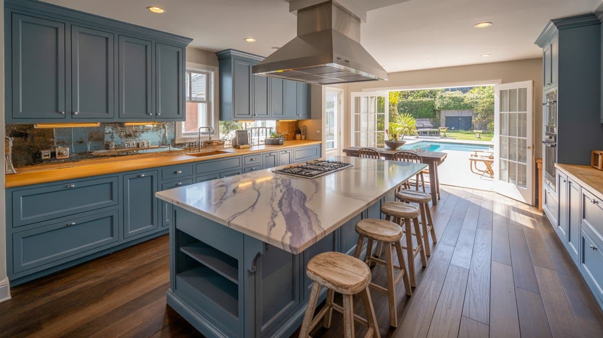 Denim-blue flat-front cabinets with a marble-veined island, round wood bar stools, and open French doors to a backyard.