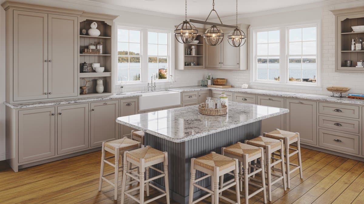 Two-tone kitchen with white upper cabinets, gray lower cabinets, single globe pendant, and wood-plank floors.