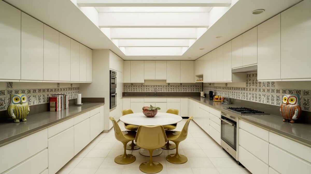 Mid-century modern galley kitchen with patterned cement tile backsplash and Saarinen tulip dining table