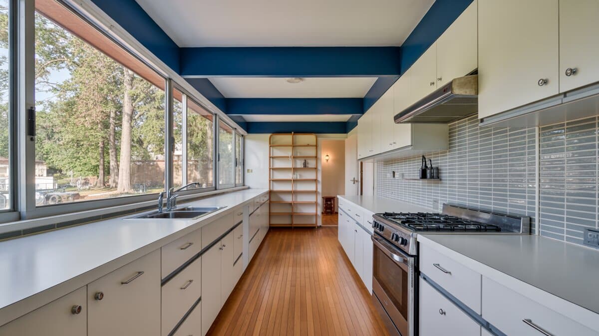 Mid-century modern galley kitchen with white cabinets navy ceiling and floor-to-ceiling windows overlooking trees