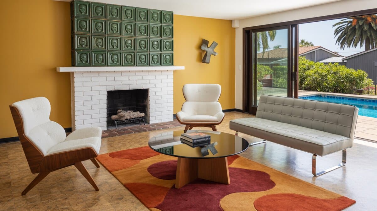 Mid century modern living room with mustard accent, green tile fireplace, cork floor, and pool view