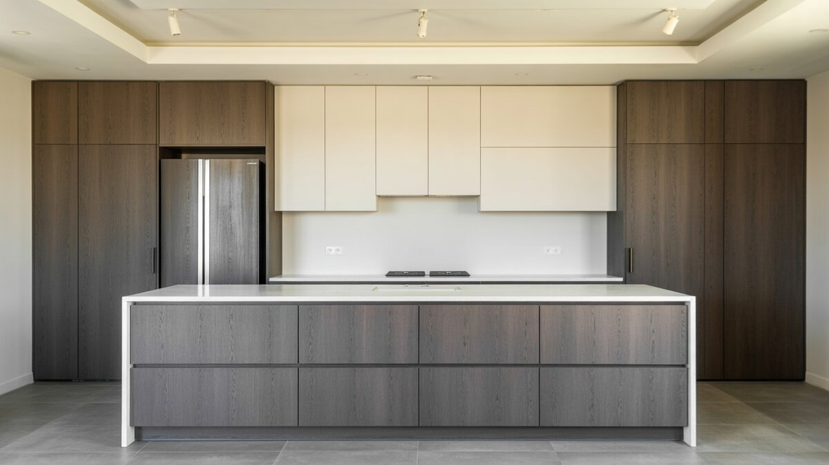 Minimalist interior design kitchen with gray and white flat front cabinets and clean white island