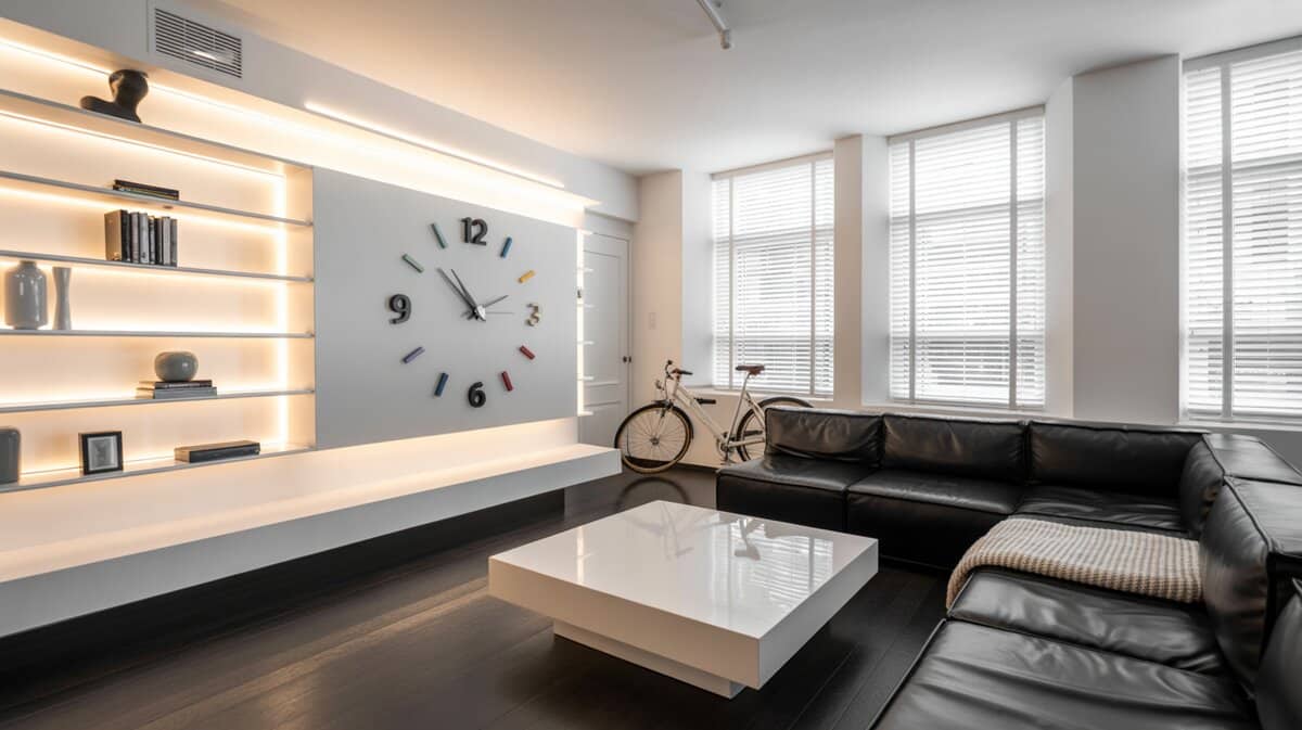 Minimalist interior design living room with white walls, backlit floating shelves, and wall clock