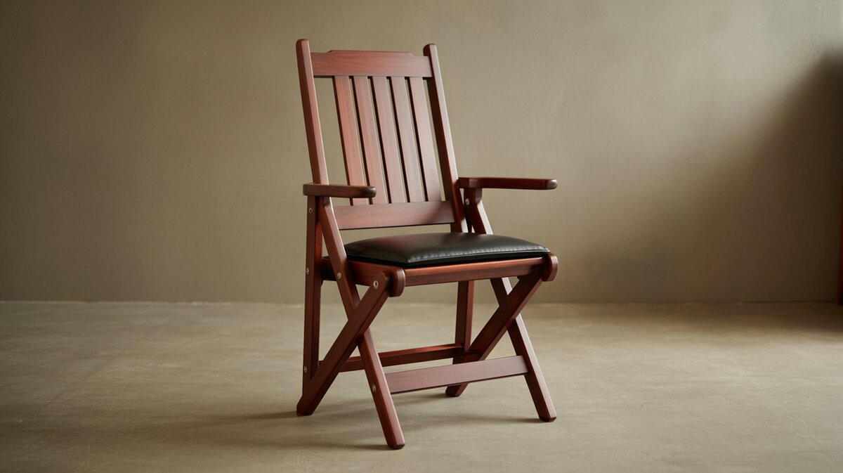 Mission style folding chair with dark wood slat back and black seat