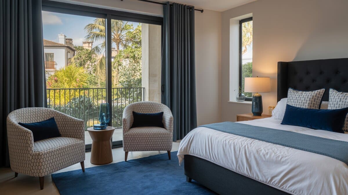 Modern bedroom with geometric accent armchairs and balcony view