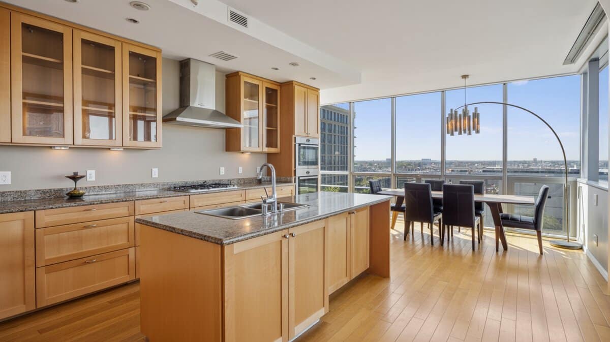 Modern condo kitchen with maple cabinets, granite island, and floor-to-ceiling glass overlooking the city