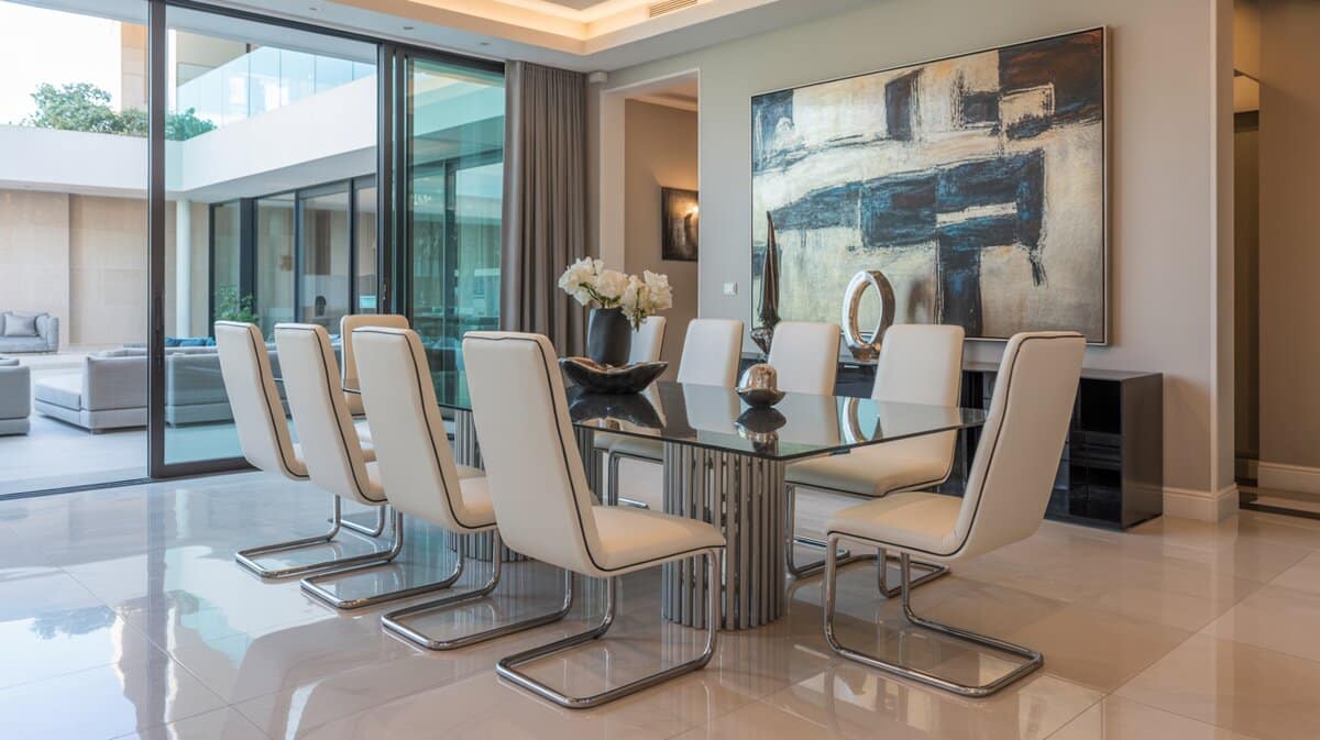 Modern dining room with white high back chairs and chrome glass table