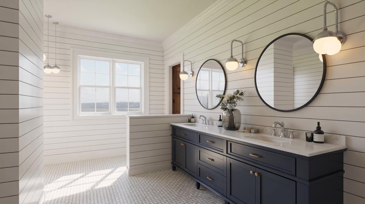 Modern farmhouse bathroom with navy blue vanity and white shiplap walls