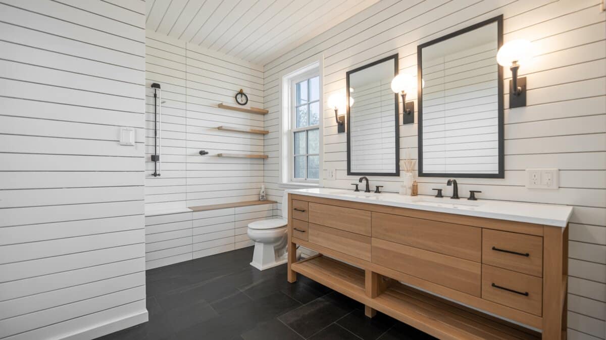 Modern farmhouse bathroom with white shiplap walls and ceiling, oak vanity, and dark slate floors