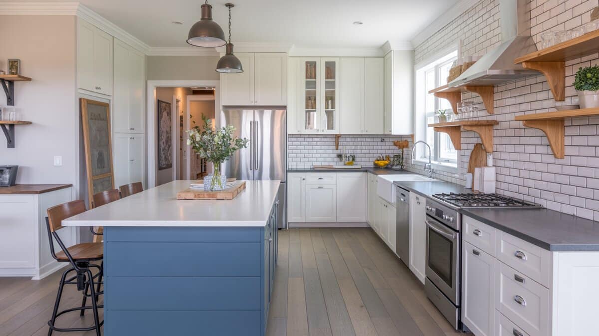 Modern farmhouse galley kitchen with blue shiplap peninsula white subway tile and bar stools