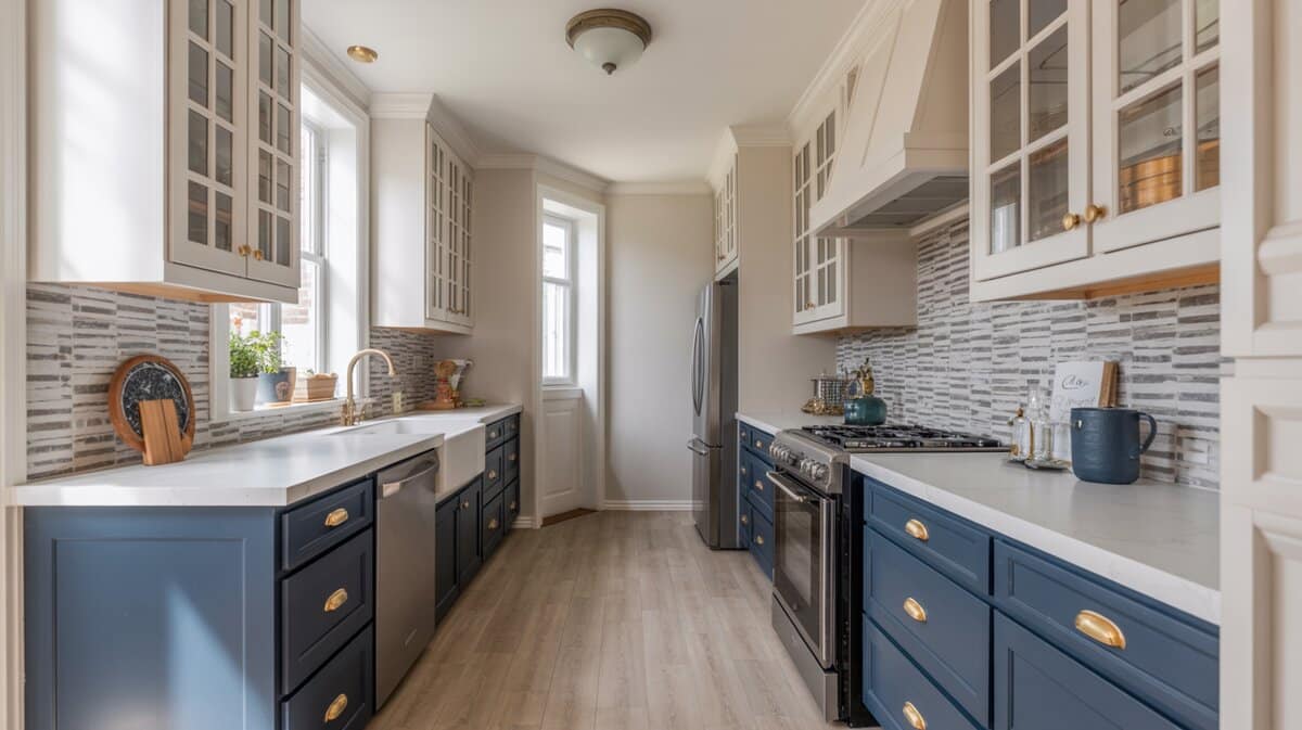 Modern farmhouse galley kitchen with navy blue lower cabinets gold hardware and vintage wall oven