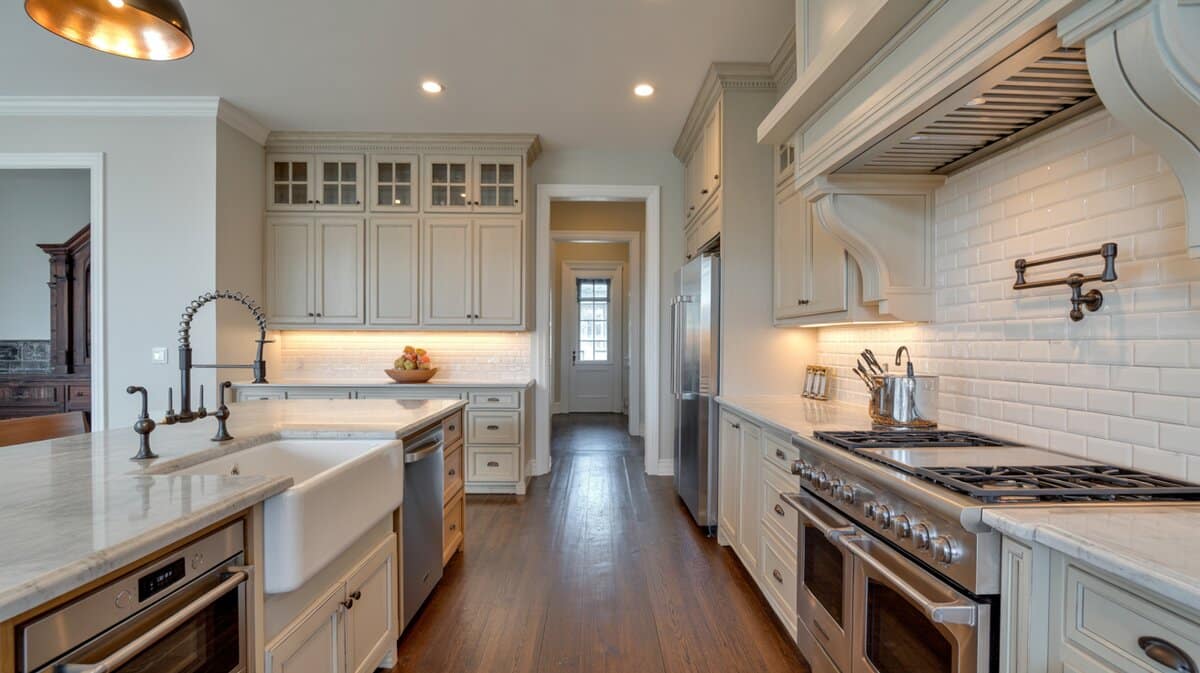 Modern farmhouse galley kitchen with off-white shaker cabinets apron sink marble countertops and pot filler
