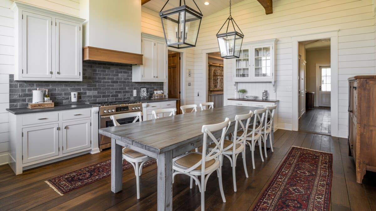 Modern farmhouse interior design kitchen with shiplap walls, reclaimed wood island table, and black lantern pendants