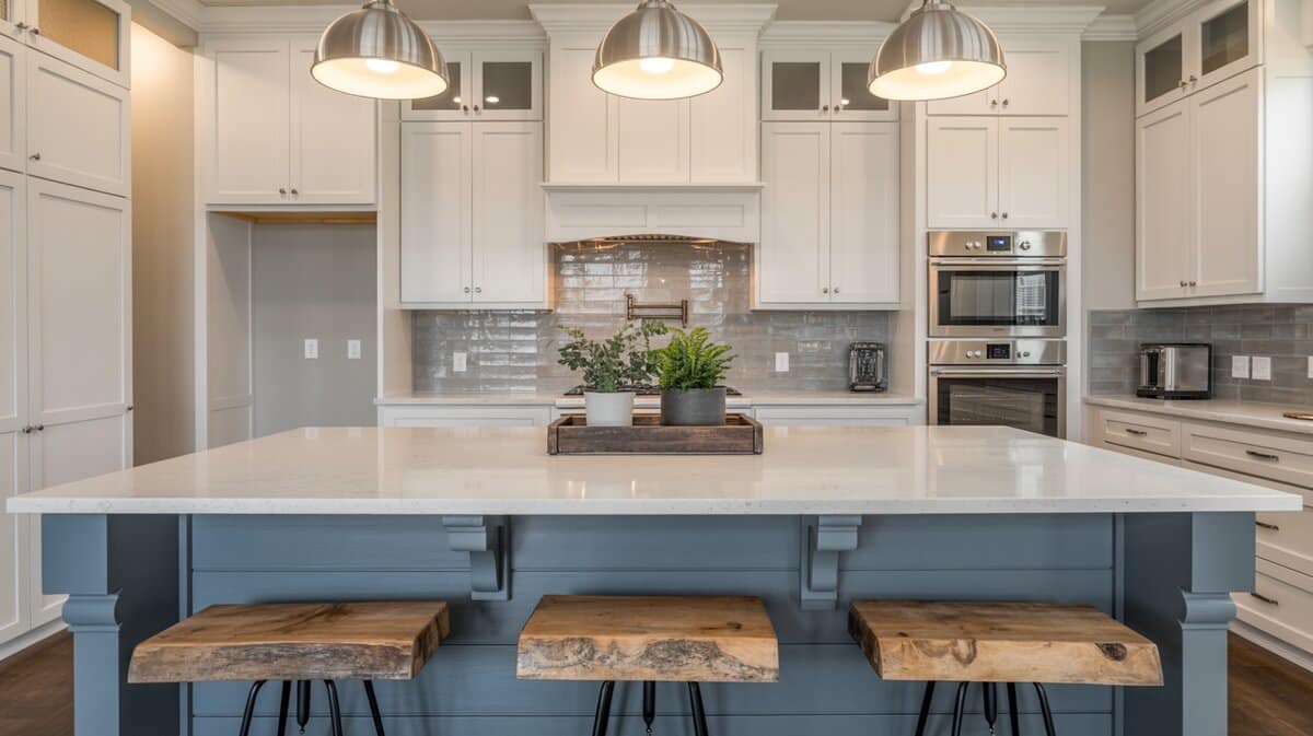 Modern farmhouse interior design kitchen with white quartz island, blue shiplap base, and nickel pendants