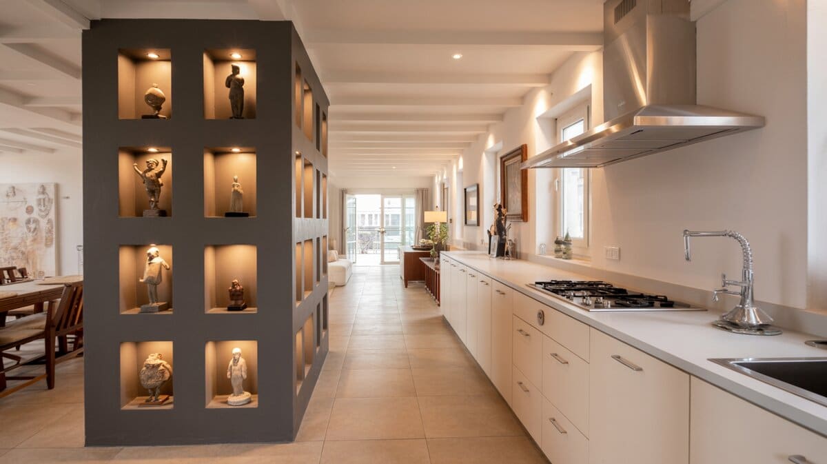 Modern galley kitchen with charcoal display divider wall featuring illuminated decorative niches