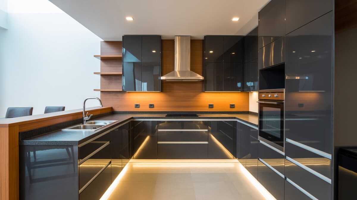 Modern galley kitchen with charcoal gray high-gloss handleless cabinets warm wood panel backsplash and LED floor lighting