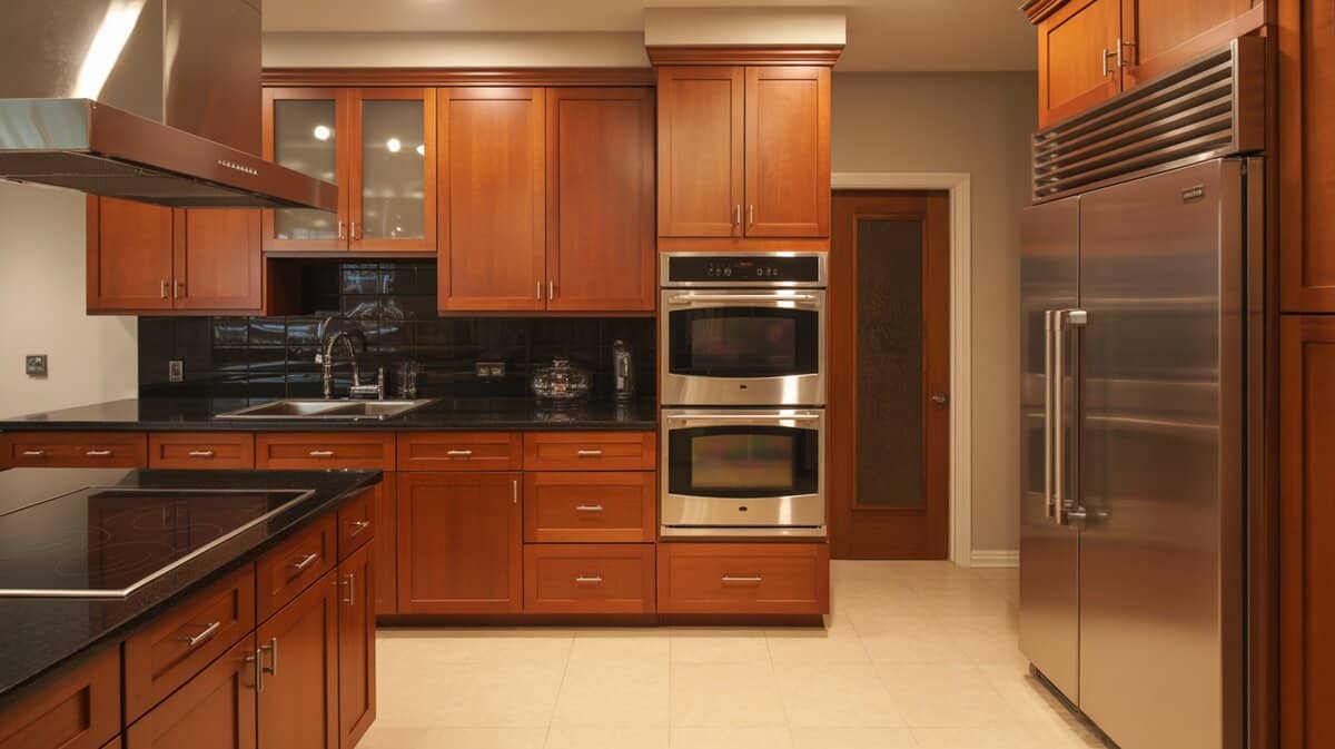 Warm cherry wood galley kitchen with black granite countertops and black glass backsplash