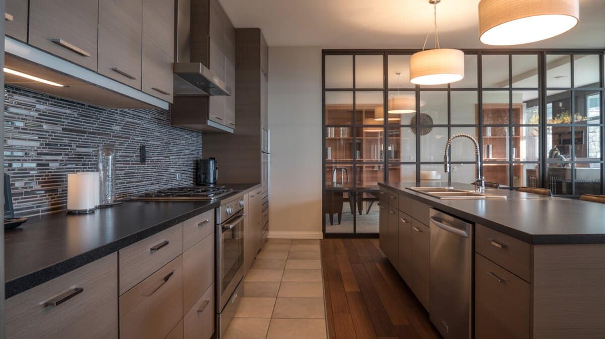 Modern galley kitchen with dark taupe wood-grain cabinets black glass mosaic backsplash and glass wall divider