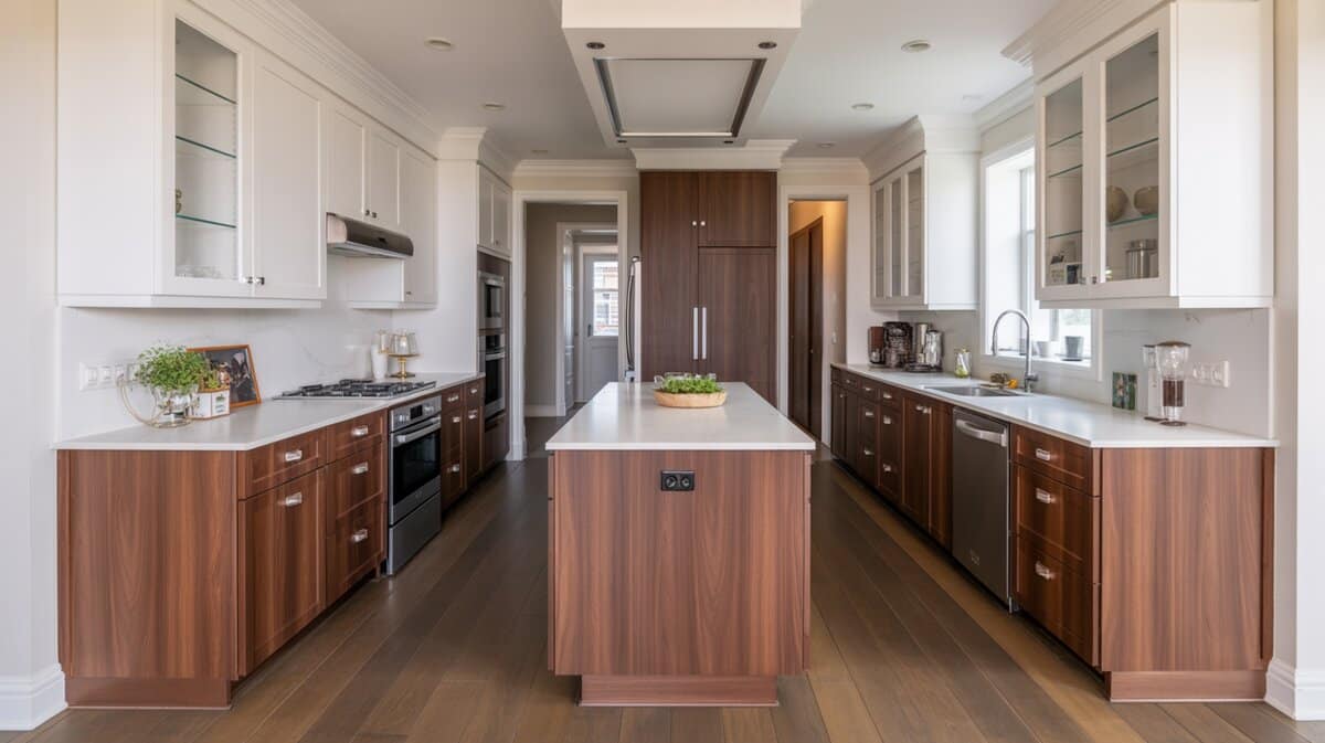 Modern galley kitchen with dark walnut lower cabinets glass-front uppers and peninsula island