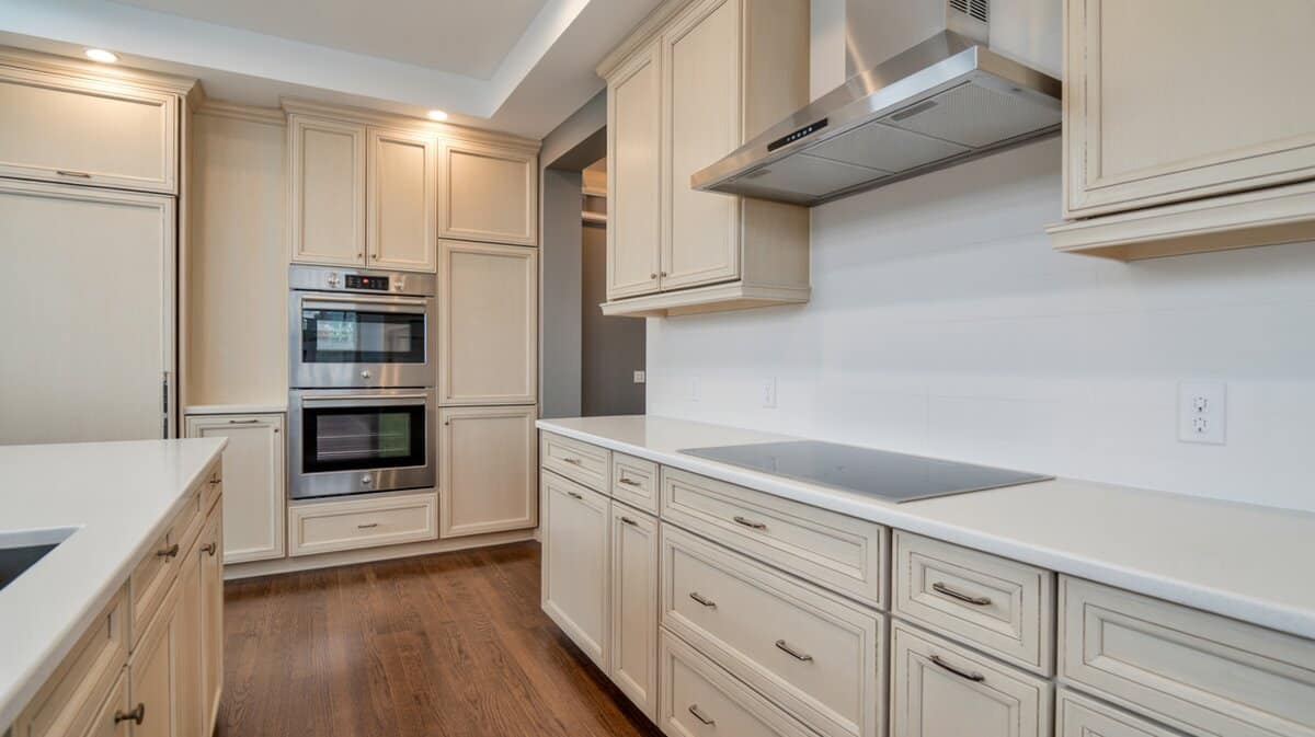 All-white flat-front galley kitchen with built-in stainless double wall oven and dark hardwood floors
