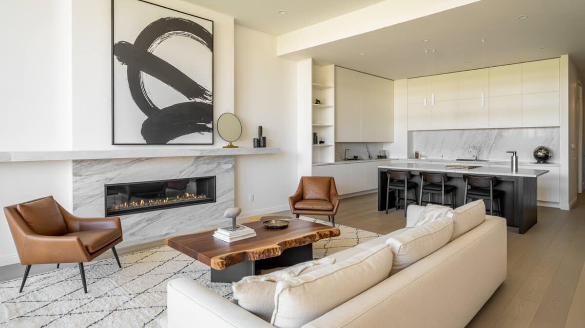 Modern interior design open plan living room with marble fireplace and abstract art