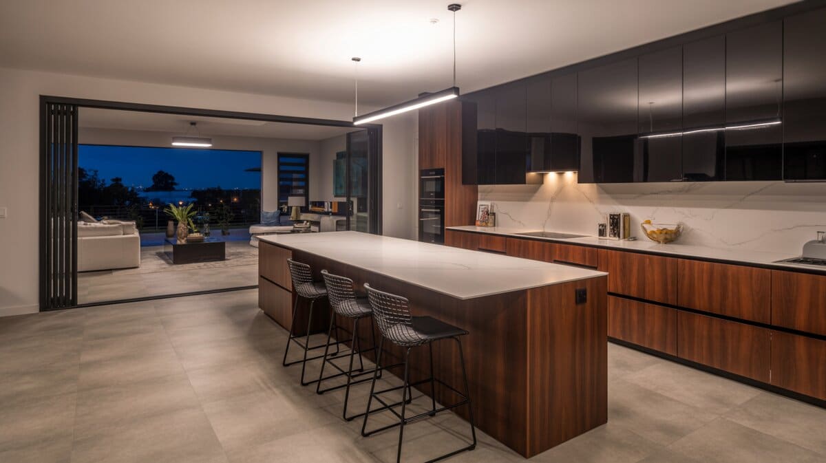 Modern kitchen at night with dark walnut cabinets, white quartz island, and city lights through glass doors